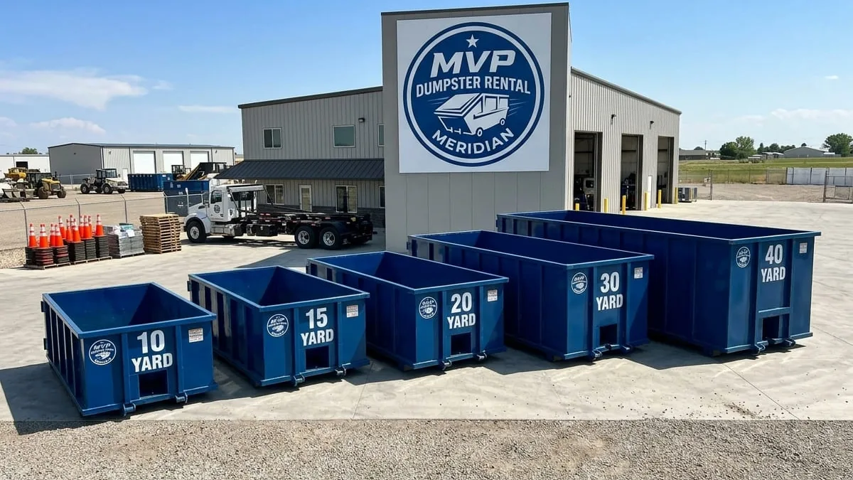 Dumpster rental in Meridian, MS MVP Dumpster Rental roll-off dumpster being delivered to an Meridian, Mississippi driveway